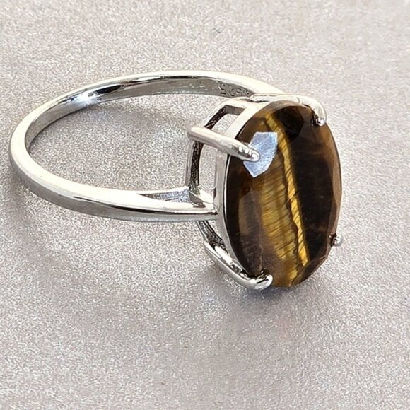 925 Sterling Silver Ring Sz 7.5 with Natural Tiger's Eye Gemstone 13x10mm - Picture 1 of 14